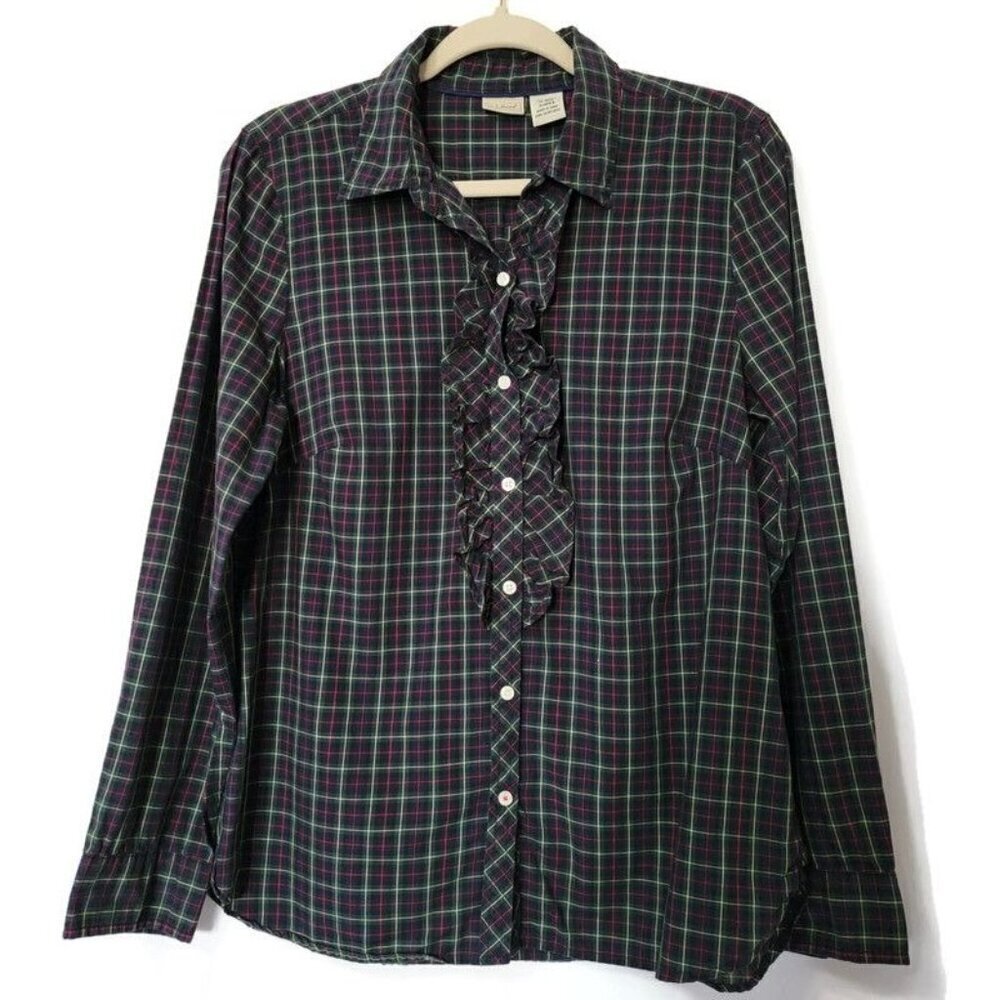L.L. Bean Green Red Blue Plaid Cotton Ruffle Front Button Up Long Sleeve M
